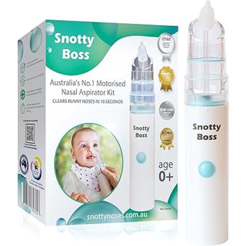 Snotty Boss Baby Nasal Aspirator - Electric Nose Sucker for Baby - Auto Snot & Nose Cleaner Kit with 4 Silicone Tips, Carry Bag & Saline Spray Bottle - AA Battery Operated - Australian Owned