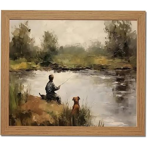 Vintage Fishing Wall Art Rustic Boy Dog Landscape Canvas Print Farmhouse Country Nursery Decor for Boys Bedroom Living Room 8x10inch Framed