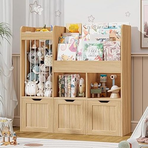 Vabches Kids Bookshelf with 3-Tier Book Rack, Multi-Functional Storage Cabinet Bookcase with 3 Movable Drawers, Wooden Toy Organizer with Stuffed Animal Storage for Kids Room, Nursery, Oak