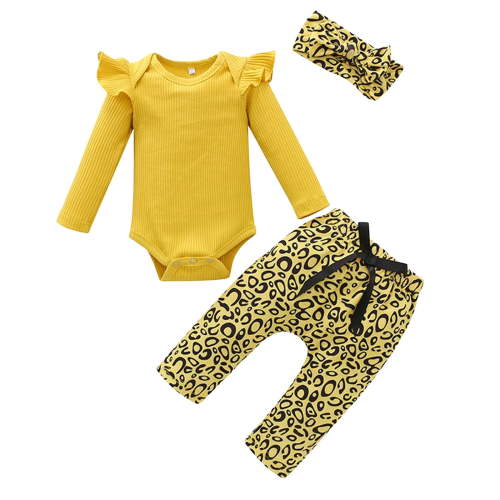 Curenmufel Baby Girl Outfits Long Slevee Fall Outfits Newborn Infant Rib Frill Long Sleeve Romper Flared Pants Headband Set 3pcs Fall Winter Outfits 0 3 6 9 12 18 24 Months (Yellow,0-3 Months)