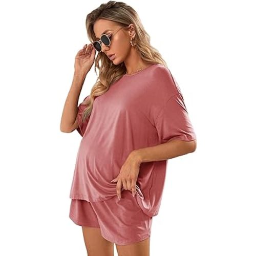 Verdusa Women's Maternity Pajama Set 2 Piece Drop Shoulder Top and Short Lounge Sets