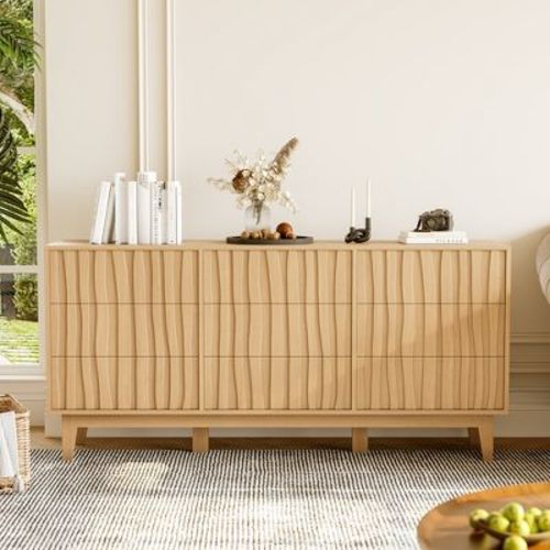 Fluted 9 Drawer Dresser, Wooden Chest of Drawers Storage Cabinet Large Capacity Clothing Storage Organizer TV Stand for Bedroom Living Room, Oak