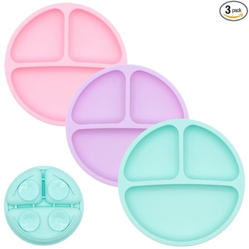 WeeSprout Suction Plates for Babies & Toddlers - 100% Silicone, Dinnerware Stays Put, Divided Design for Picky Eaters, Microwave & Dishwasher Friendly, 3 Pack