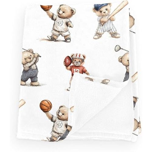 Cute Sport Bears Golf Baseball Basketball Baby Boy Girl Blankets Sports Lover Gift White Flannel Fluffy Blanket for Baby Breathable Toddler Blanket for Crib Stroller Bed Travel Beige 30x40inch