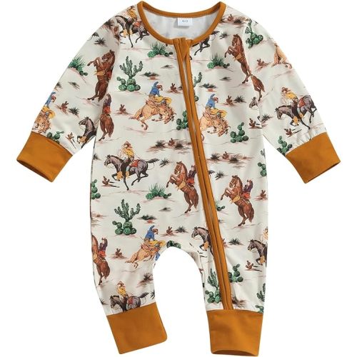 SAYOO Western Baby Cowboy Clothes Neutral Zipped Fall Romper Outfit for Boy Girl Infant Lapel Cow Print One-piece Jumpsuit
