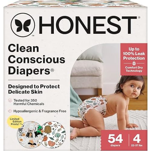 The Honest Company Comfort Dry Disposable Diapers for Sensitive Skin, Hypoallergenic, Fragrance-Free, Fall '25 Seasonal Prints, Club Box, Size 4 (22-37 lbs), 54 Count