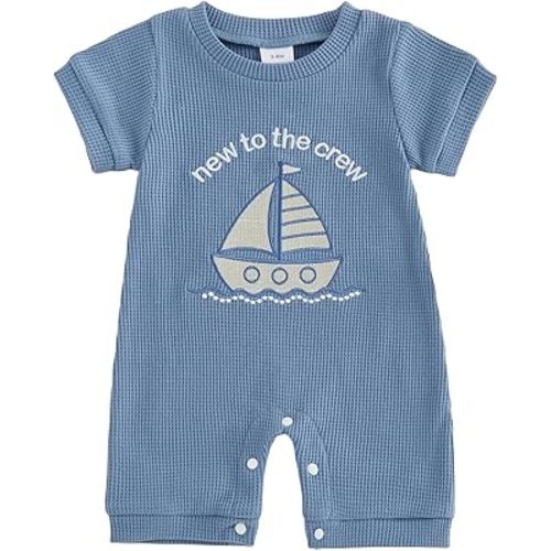 Newborn Baby Boy Summer Outfit Romper Letter Embroidery Short Sleeve Jumpsuit Bodysuit Cute Infant Waffle Clothes