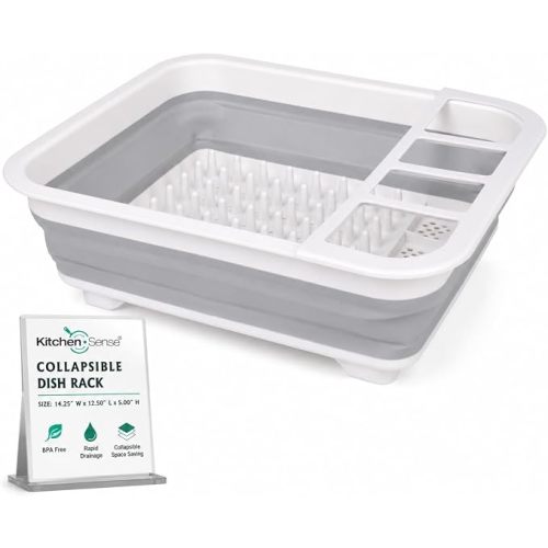 American Dream Collapsible Dish Drying Rack, BPA Free, Grey Foldable Kitchen Dish Drainer with Drain System, Space-Saving Organizer for Plates, Cups & Utensils