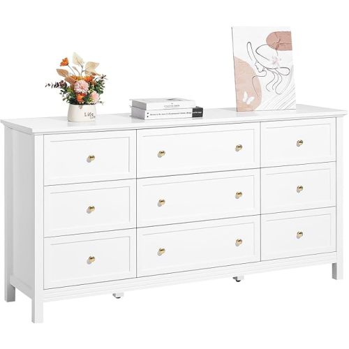 VEVOR 9 Drawer Dresser, Wooden Chest of Drawers with Sliding and Anti-tip Device, Retro Minimalist Dresser Chest, Closet Storage TV Stand Organizer for Living Room, Hallway, Bedroom, Entryway, White