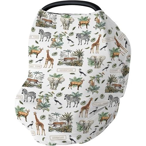 Safari Animals Adventure Car Seat Cover for Baby Elephant Leopard Giraffe Zebra Tropical Leaves Stretchy 5-in-1 Cover Adjustable Infant Carseat Cover Canopy African Animal Breathable Nursing Cover-Up