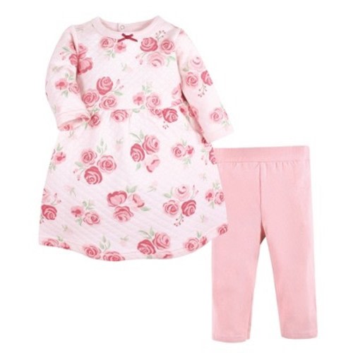 Hudson Baby Infant Girls Quilted Cotton Dress and Leggings, Blush Rose, 6-9 Months