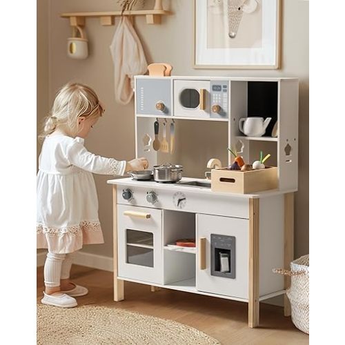 ROBOTIME Play Kitchen for Kids, Wooden Kids Play Kitchen Playset with Cutting Toy Food Set, Toaster and Toddler Gardening Sets- Toddlers Play Kitchen Gifts for Boys and Girls Ages 3+