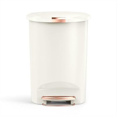 simplehuman 50 Liter / 13 Gallon Hybrid Semi-Round Kitchen Step Trash Can with Secure Slide Lock, Cream Plastic