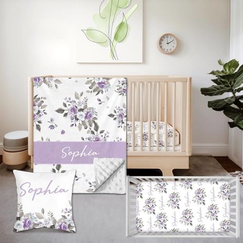 Personalized 3 Piece Baby Crib Bedding Set for Girls, Newborn Baby Toddler Nursery Purple Flower Set with Blanket, Fitted Sheet, Pillowcase, Custom Name Gifts for Girls
