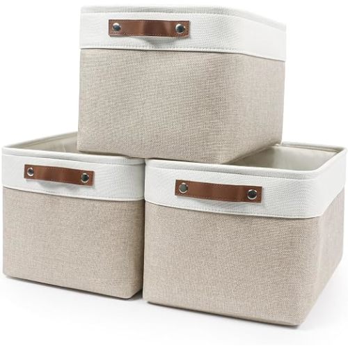 Storage Bins Large Fabric Storage Baskets for Shelves 3 Pack, Decorative Linen Closet Baskets with Handles for Organizing, Shelf, Clothes, Home, Office, 15x11x9.5Inches (Beige&White)