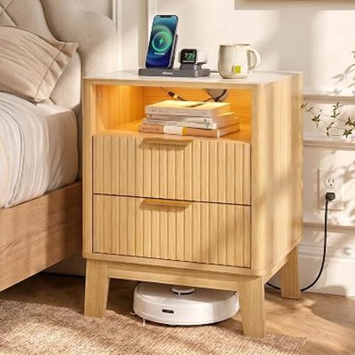 Fluted Nightstand with Charging Station and LED Lights, Modern Bedside Table with 2 Drawers and USB Ports, End Table with Storage and Robot Vacuum Space for Bedroom, Living Room, Natural Oak