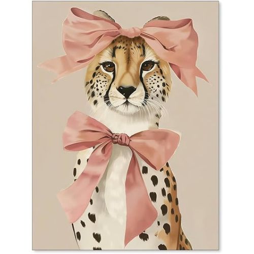 FoxUncle Pink Bow With Cheetah Poster Cute Coquette Animal Wall Art Trendy Girly Preppy Aesthetic Canvas Prints for Nursery Room Bedroom Wall Decor 12X16 inch Unframed