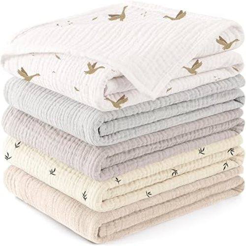 Susurration Muslin Baby Washcloths 23x23inch, Large Ultra-Absorbent 100% Cotton Baby Bath Wash Cloth Burp Cloth Soft Breathable Baby Face Towel for Newborn Baby Boy and Girl, 5Pack (Apricot Print)