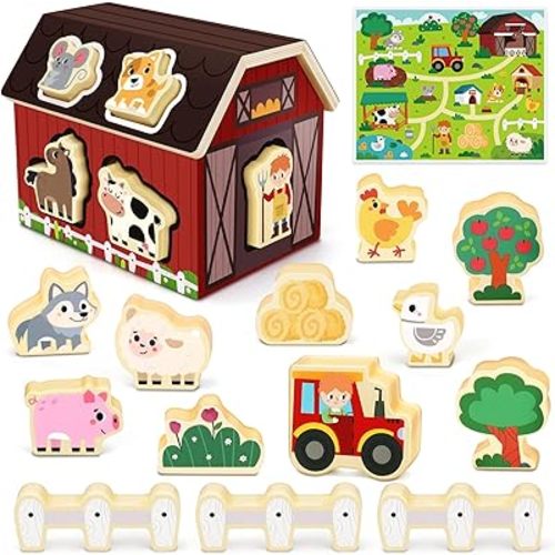 Wooden Farm Animals Toy for Toddler: Montessori STEM Learning Activity Toy for 1-5 Year Olds Boys - Sorting & Stacking Sensory Educational Shape Sorter - Gift for Kids Ages 2 3 4 Birthday Gift