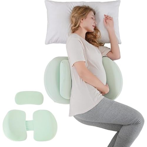 Pregnancy Pillows for Sleeping, Memory Foam Maternity Pillow with Cooling Pillowcase, Support for Back Belly HIPS, Portable& Adjustable Travel Wedge Pillow for Pregnant Women Green