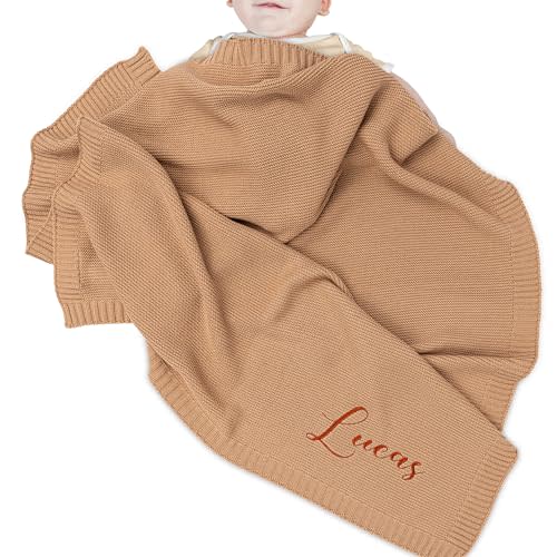 Personalized Baby Blanket, 100% Organic Cotton GOTS Certified, Custom Baby Blanket with Name, Customized Swaddle Blanket with Name, Knit Recieving Blankets for Boys and Girls