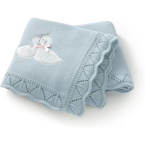 LAWKUL Cotton Baby Blanket for Girls Boys, 31.5x40 Inch (Light Blue) | Crochet Knit, Neutral, Crib Nursery Receiving Swaddle, Cute Embroidered