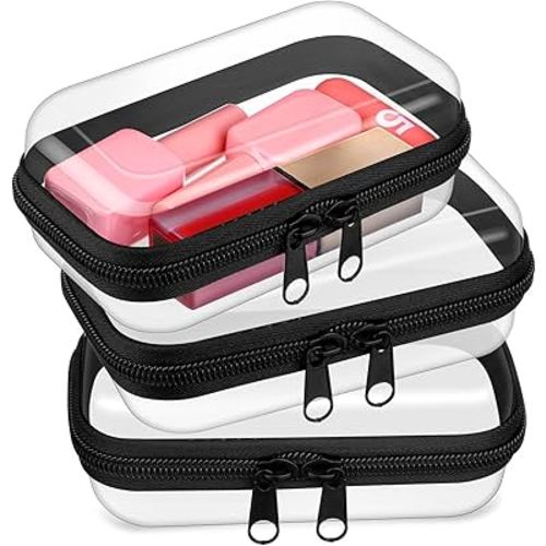 Hoolerry 3 Pcs Clear Hard Zipper Case Plastic Pouch Transparent Hard Case Clear Makeup Bag Portable Travel Organizer Bin for Cosmetics, Building Blocks, Puzzles(Black,Xs)