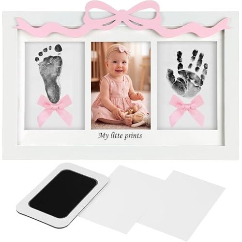Qunclay Inkless Hand and Footprint Newborn Picture Frame, Pink, Bow