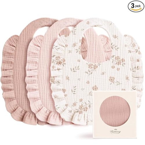 Konssy 3-Pack Muslin Baby Girl Bibs, 100% Cotton with Ruffle Trim