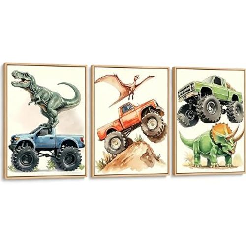 Pormipone Dinosaur Monster Truck Wall Art 3pc 12x16 Unframed Bedroom Decor