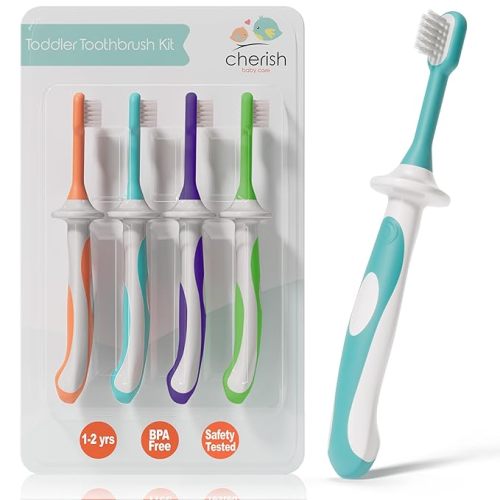 Cherish Baby Care Baby Toothbrush & Toddler Toothbrush Set (0-2 Years) - BPA-Free & Safety-Tested, 2023 Award Winner, Food-Grade Silicone (Teal)
