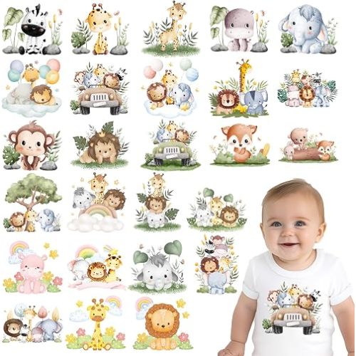 26pcs Forest Animal Iron On Transfers - DTF Transfers Ready to Press, Cute Iron on Decals Stickers for Baby Bodysuit, Heat Transfer Vinyl for Baby Onesie Bibs Decorating Kit