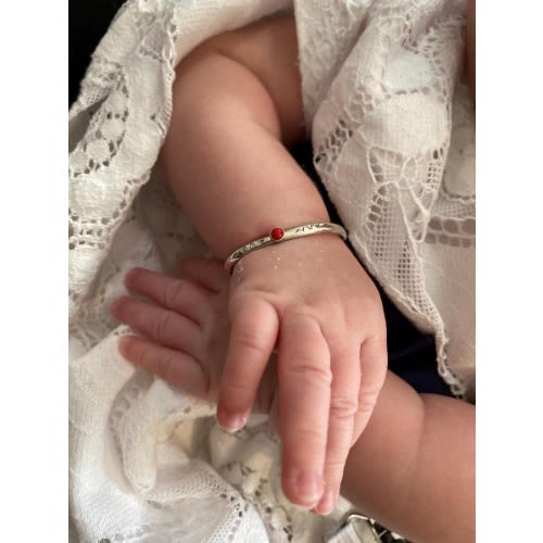 Sterling Silver Baby Cuff Bracelet with 3mm Red Coral & Floral Ends – Infant Protection Bracelet, Newborn Gift