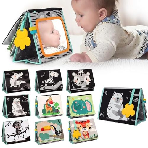 Tummy Time Mirror for Babies 0-6 Months | High Contrast Black & White Baby Book with Silicone Teether & Crinkle Pages | Sensory Newborn Tummy Time Toys