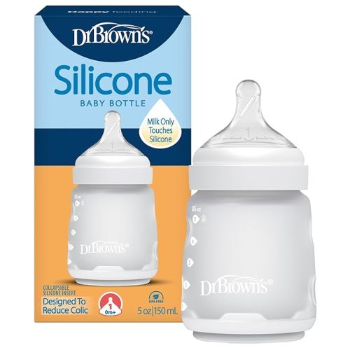Dr. Brown's Silicone Baby Bottle with Collapsible Insert Designed to Reduce Colic, 5 oz with Wide-Neck Level 1 Slow Flow Nipple, BPA-Free, 0m+, White, 1-Pack