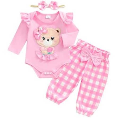 Newborn Infant Baby Girl Outfits Ruffle Bear Long Sleeve Romper Bodysuit Tops Pants Set Cute Fall Winter Clothes