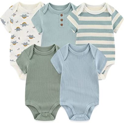 MAMIMAKA Newborn Baby Short Sleeve Bodysuit Cotton One-Piece Baby Clothes 5-Pack, 0-12 Months