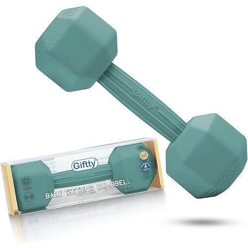 Baby Dumbbell Teether - Silicone Infant Teething Rattle Toddler Sensory Workout Toy - Durable, Safe Exercises Weight - Great Gift for Baby Boys & Girls (1pcs - Cadet Blue)