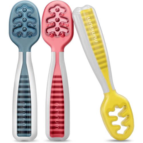 NumNum Baby Spoons Set, Baby Essentials Pre-Spoon GOOtensils for 6+ Months, First Stage Self-Feeding Spoons for Baby Led Weaning (BLW), Silicone Toddler Utensils, BPA-Free, 2 Pack Beige/Mauve