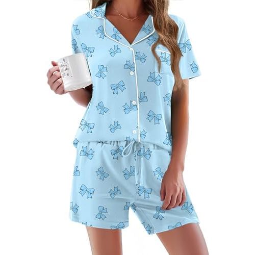 Ekouaer Pajamas Set for Women Short Sleeve Sleepwear Button Down Pjs Soft 2 Piece Lounge Sets XS-XXXL