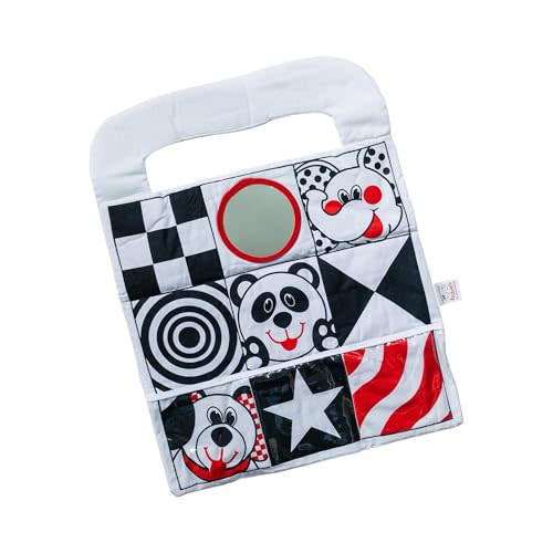 Car Toys for Babies - Infant Car Seat Toy with High Contrast Colors, Reversible Design, Baby Safe Mirror and Storage Pocket - Easy to Attach and Clean, Infant Carseat Toy