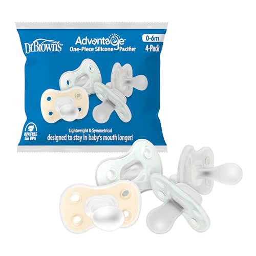 Dr. Brown's Advantage One-Piece Silicone Baby Pacifier, Fully Symmetrical Soother, Ecru/Gray/Green, 0-6M, BPA-Free, 4-Pack
