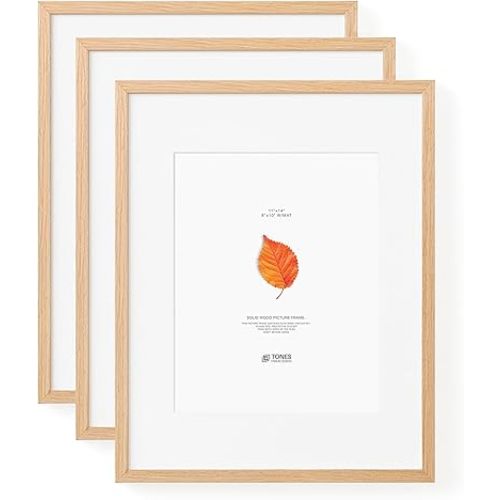 Solid Oak Wood 11x14 Picture Frame with Mat for 8x10 Natural Photo Frame, Set of 3 Picture Frame for Wall Home Decor