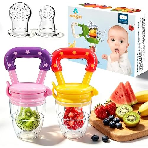 Baby Fruit Feeder Teether, 2 Pack Silicone Baby Food Feeder with 4 Silicone Pouches in 3 Sizes for Fruits, Vegetables, Frozen Breastmilk (Pink Yellow)