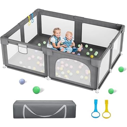 Palopalo Baby Playpen, 71"x59" Extra Large Playard for Babies and Toddlers, Baby Activity Center with 8 Suction Cup Bases, Infants Play Pen with Gate and Soft Breathable Mesh