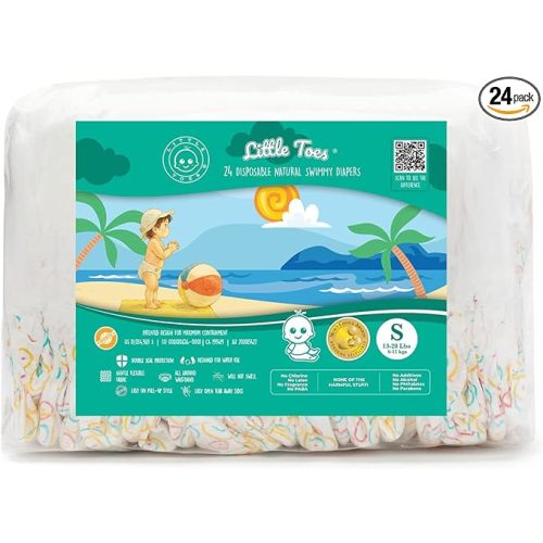 Little Toes Premium Natural Disposable Swim Diapers, Size 1–2 Small (13–20 lbs) (24 Count) | Baby Disposable Swim Diapers | Hypoallergenic, Chlorine & Fragrance-Free | Gentle on Sensitive Skin