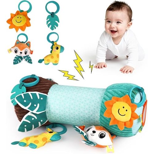 Inflatable Baby Tummy Time Toys Pillow for Newborn, Montessori Baby Sensory Toys Roller with Detachable Mirror, Squeaker, Teether & Rattle, Help with Early Development 3-6 Months (Fox)
