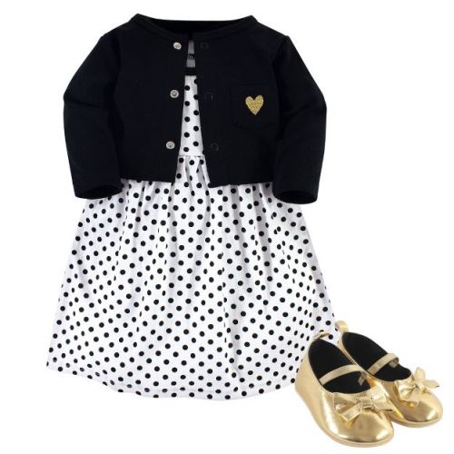 Hudson Baby Infant Girl Cotton Dress, Cardigan and Shoe 3pc Set, Black Dot, 3-6 Months