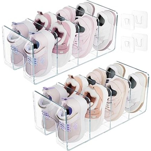 Clear Kids Shoe Rack, 4 Sections Acrylic Baby Shoe Organizer, Small Shoes Rack Stackable Kid Shoes Organizer for Closet or Entryway (2 Pack)