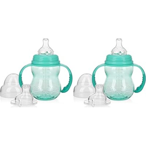 Nuby 3 Stage Tritan Wide Neck Grow with Me No-Spill Bottle to Cup, 8 Oz, Teal (Pack of 2)